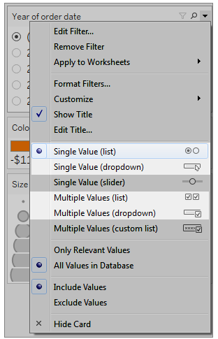 Menú contextual de filtro con una lista de opciones de filtro, que incluyen valor único, valores múltiples, solo valores relevantes, todos los valores en la base de datos, incluir valores y excluir valores.