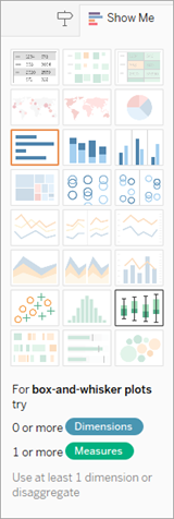 Cuadrícula Mostrarme de las opciones de gráfico con la opción para crear un diagrama de caja y bigotes seleccionado.