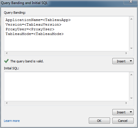 Un cuadro de diálogo para validar la banda de consulta e indicar su SQL inicial.