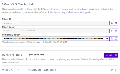 Cuadro de credenciales de OAuth 2.0 con ID de cliente, secreto de cliente, token temporal y campos de URL de redireccionamiento