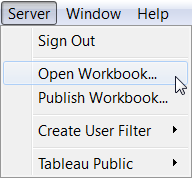 Un menú desplegable con opciones para cerrar sesión, abrir un libro de trabajo, publicar un libro de trabajo, crear un filtro de usuario y acceder a Tableau Public.