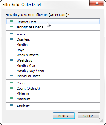 Cuadro de diálogo del campo de filtro con opciones para filtrar por fecha relativa o rango de fechas.