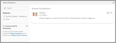 El cuadro de diálogo Añadir una extensión para buscar y añadir una extensión desde Tableau Exchange.