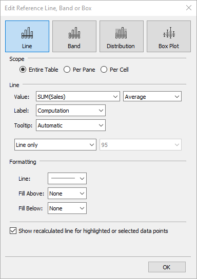 Un cuadro de diálogo con opciones para editar líneas de referencia, bandas o cuadros.