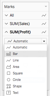Marca la tarjeta con la marca de Suma de Ganancias seleccionada y un menú desplegable expandido con la opción de gráfico de barras seleccionada.