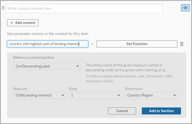 Un campo abierto para nombrar una variable de contexto, un botón "Agregar contexto" y campos para definir la función personalizada.