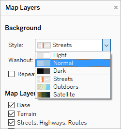 Una ventana de capa de mapa con opciones para configurar el estilo de fondo y las capas mostradas.