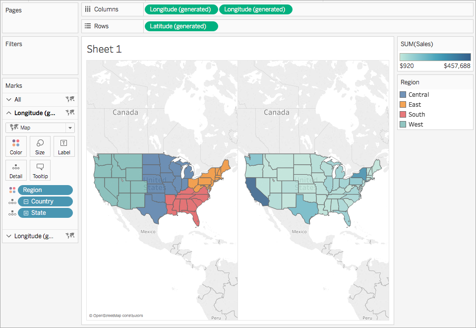 Dos mapas de los Estados Unidos uno al lado del otro con diferentes paletas de colores aplicadas.