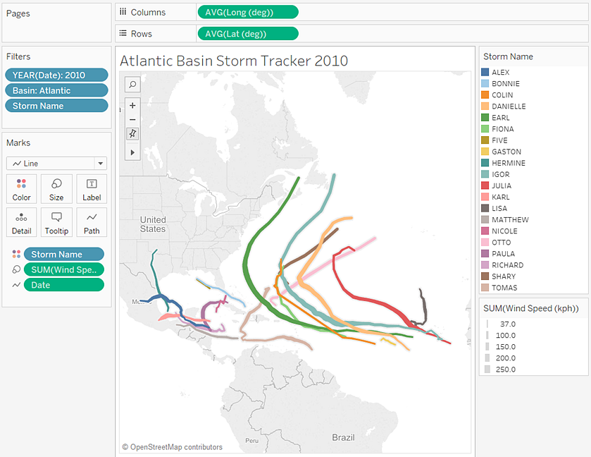 Un mapa de las trayectorias de los huracanes del Atlántico en 2010, coloreado por nombre de tormenta.