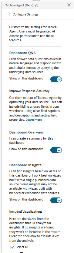 Panel Configurar ajustes de Tableau Agent cuando se abre desde un dashboard.