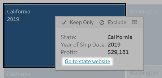 Las acciones de URL se ejecutan desde un menú de descripción emergente. El enlace refleja el nombre de la acción, no la dirección URL de destino.