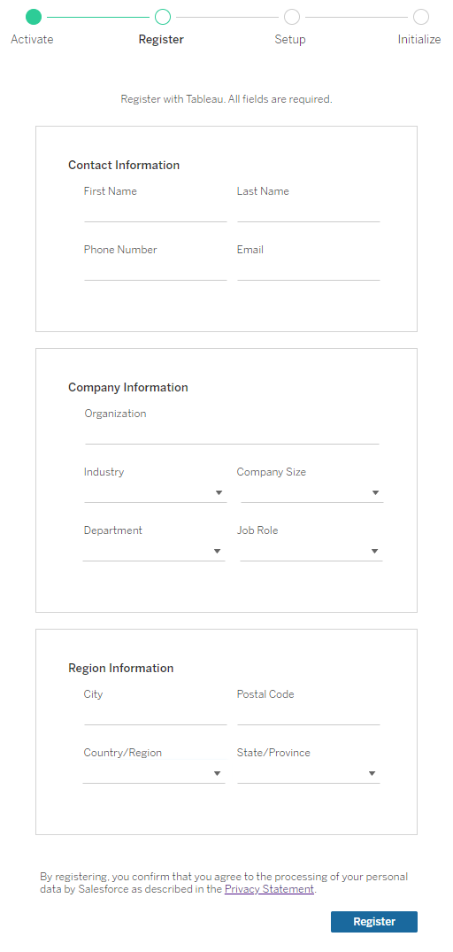 Paso de registro del asistente de activación de Tableau Server, con campos obligatorios para completar información de contacto, información de la empresa y detalles regionales.