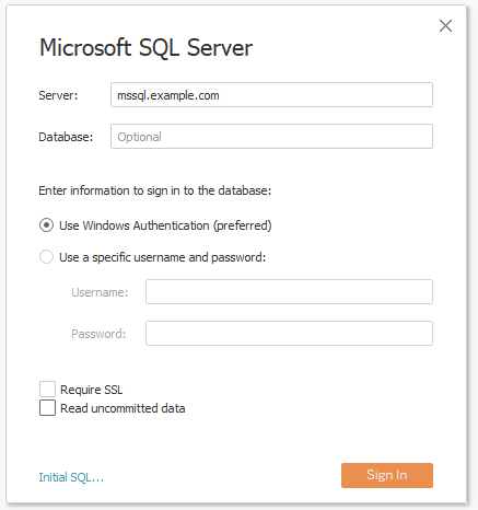 Un cuadro de diálogo con campos vacíos para iniciar sesión en un Microsoft SQL Server para usarlo para la autenticación.