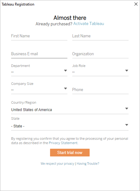 Formulaire d’inscription à la version d’évaluation de Tableau Prep Builder.