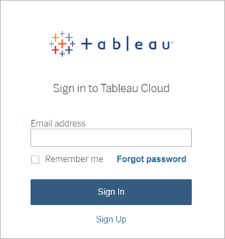 Un écran de connexion Tableau Cloud affichant un formulaire permettant aux utilisateurs de saisir leur adresse de courriel et de se connecter.
