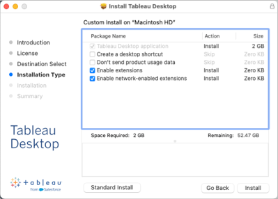 Options du package d’installation personnalisée de Tableau Deskop pour Mac.