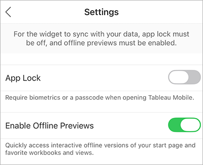 Écran des paramètres spécifiques aux widgets pour le verrouillage de l’application et l’activation des aperçus hors ligne