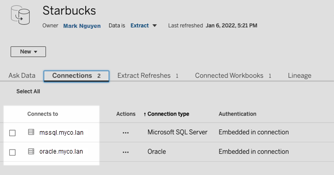 Onglet Connexions avec la liste de deux connexions aux bases de données, Microsoft SQL Server et Oracle.