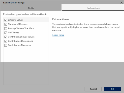 Une liste de types d’explication d’Expliquer les données avec des cases à cocher pour sélectionner ou désélectionner chaque type.