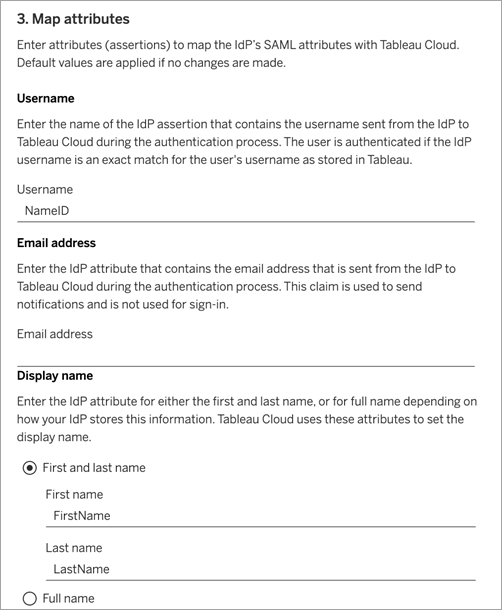 Capture d’écran de l’étape&nbsp;3 de la configuration de SAML pour le site dans Tableau Cloud -- mapper les attributs