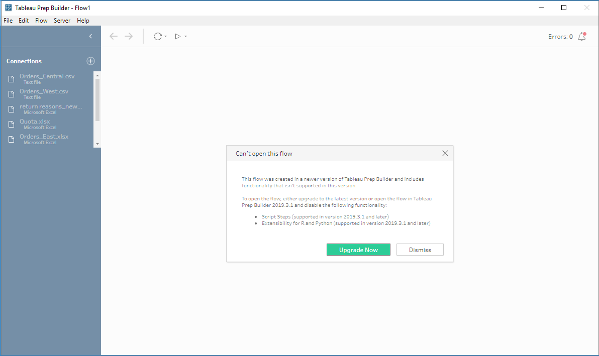 Un volet Flux Tableau Prep Builder affiche une boîte de dialogue indiquant que le flux a été créé dans une version plus récente et inclut des fonctionnalités non prises en charge dans la version actuelle.