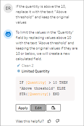 Tableau Agent affichant une itération de l’invite pour affiner les résultats du calcul.