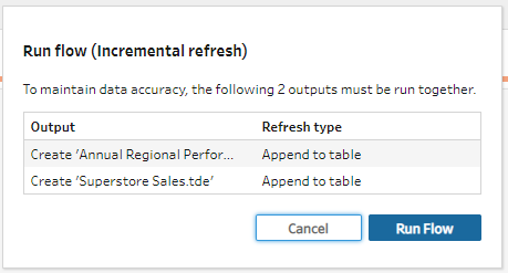 Boîte de dialogue Exécuter un flux (actualisation incrémentielle) avec une table contenant la sortie et le type d’actualisation et le bouton Exécuter un flux.