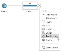 Un menu de ligne de flux Tableau Prep est ouvert et l’option Prédiction est sélectionnée.