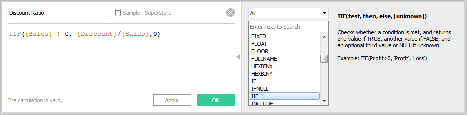 Boîte de dialogue Calcul affichant une formule qui utilise la fonction IIF pour vérifier si une condition est remplie, et renvoie une valeur si true, une autre valeur si false, et une troisième valeur facultative ou NULL si inconnu.
