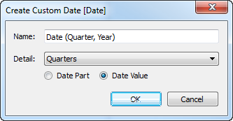Interface de création d’un filtre de date personnalisé avec des options pour la description détaillée par trimestres.