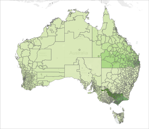 Carte de l’Australie montrant les ventes totales par code postal d’une entreprise réalisant des ventes dans tout le pays.