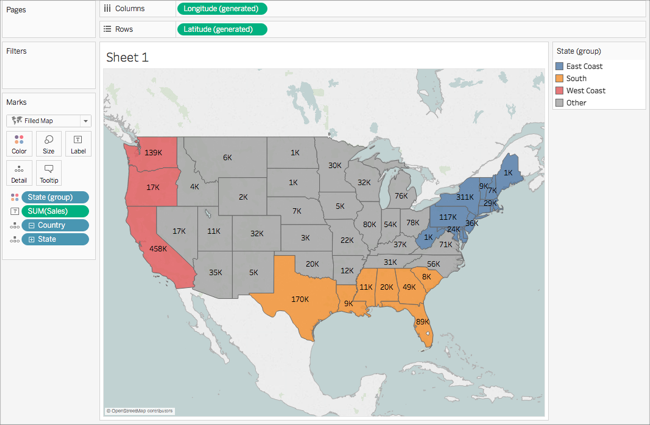 Une carte des États-Unis, présentant les chiffres de vente par région et par zone géographique, notamment la côte Est, le Sud, la côte Ouest, etc.