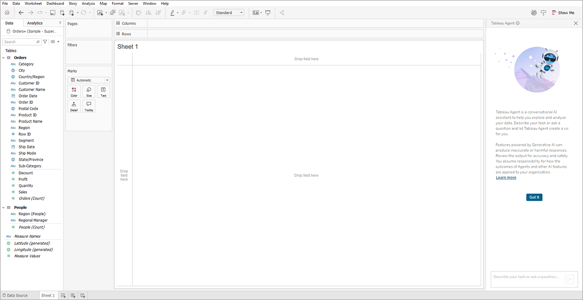 Feuille de calcul Tableau Desktop affichant l’écran d’accueil de Tableau Agent.