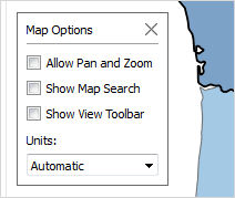 Volet Options de carte avec des options pour configurer les unités de carte, pour effectuer un panoramique et un zoom, pour afficher une recherche de carte et pour afficher la barre d’outils d’affichage.