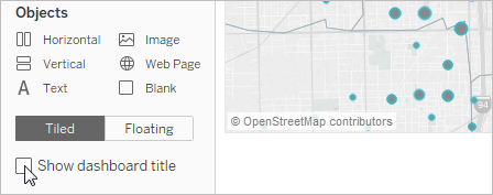 Volet Objets où est décochée l’option Afficher le titre du tableau de bord.