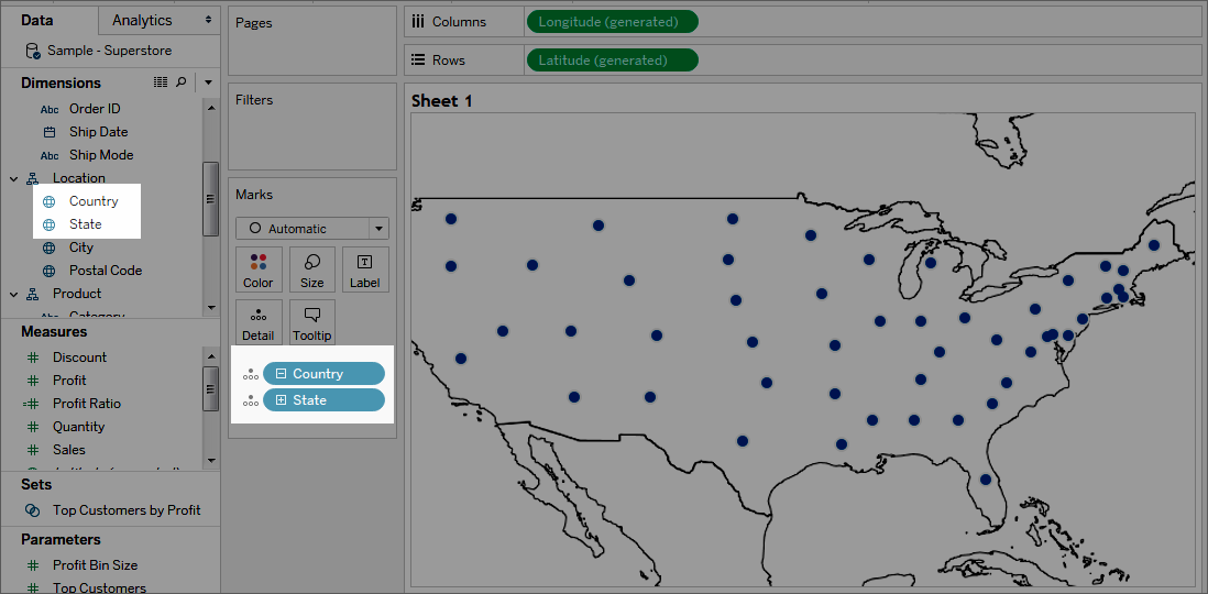 Deux champs géographiques (pays et région) ajoutés à la vue d’une carte des États-Unis.