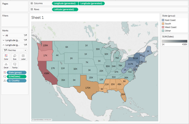 Une carte à axe double des États-Unis, segmentée par zones géographiques et étiquetée avec la somme des ventes.