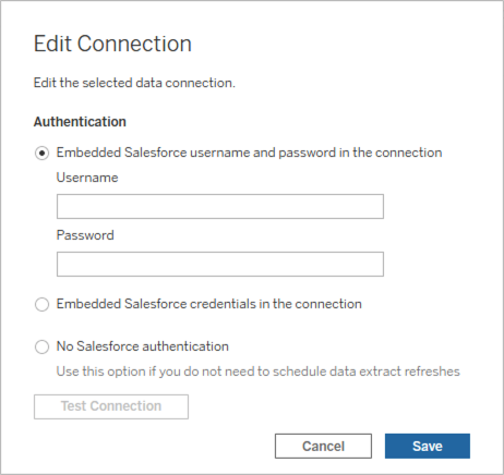 Paramètres permettant de modifier une connexion de données sélectionnée et de saisir les informations d’authentification.