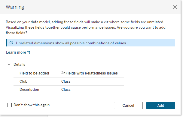 boîte de dialogue d’avertissement de relation avec un message pour les dimensions et les mesures non connexes, et la zone Détails agrandie