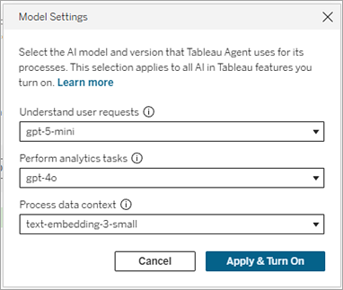 Boîte de dialogue Paramètres du modèle pour Tableau Server et OpenAI