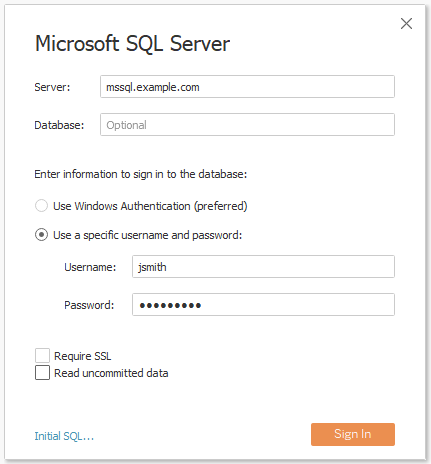 Une boîte de dialogue avec un nom d’utilisateur et un mot de passe saisis pour se connecter à un serveur Microsoft SQL Server afin de s’authentifier.