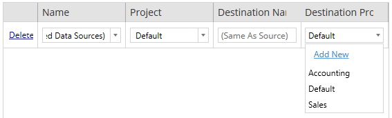 Un formulaire pour l’ajout ou la modification de sources de données, avec des champs pour le nom, le projet, le nom de destination et le processus de destination.