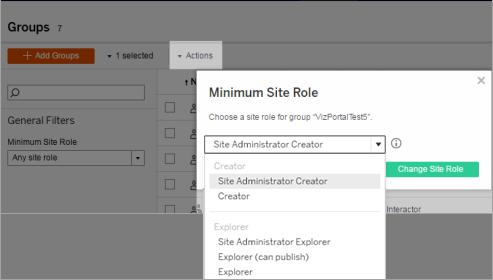 Un menu déroulant avec des options permettant de modifier le rôle sur le site d’un groupe.