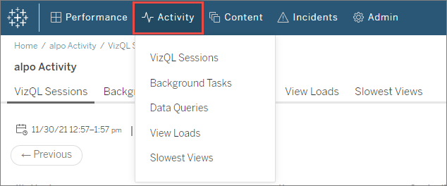 Onglet Activité de l’outil Tableau Resource Monitoring Tool
