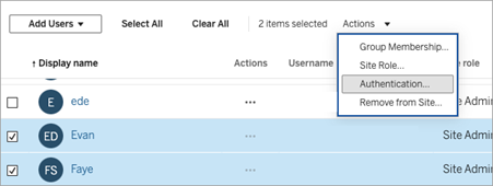 Un menu d’actions avec l’option d’authentification.