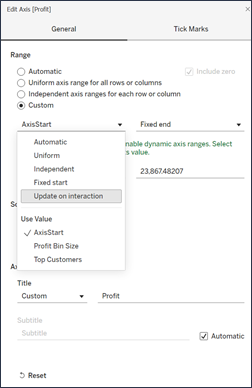 Boîte de dialogue Modifier l’axe avec la possibilité de définir une plage personnalisée de début et de fin en fonction de l’interaction.