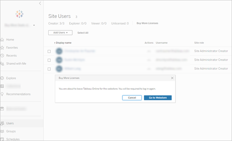Une boîte de dialogue vous invitant à confirmer que vous quittez Tableau Online pour la boutique en ligne où vous pouvez acheter plus de licences.