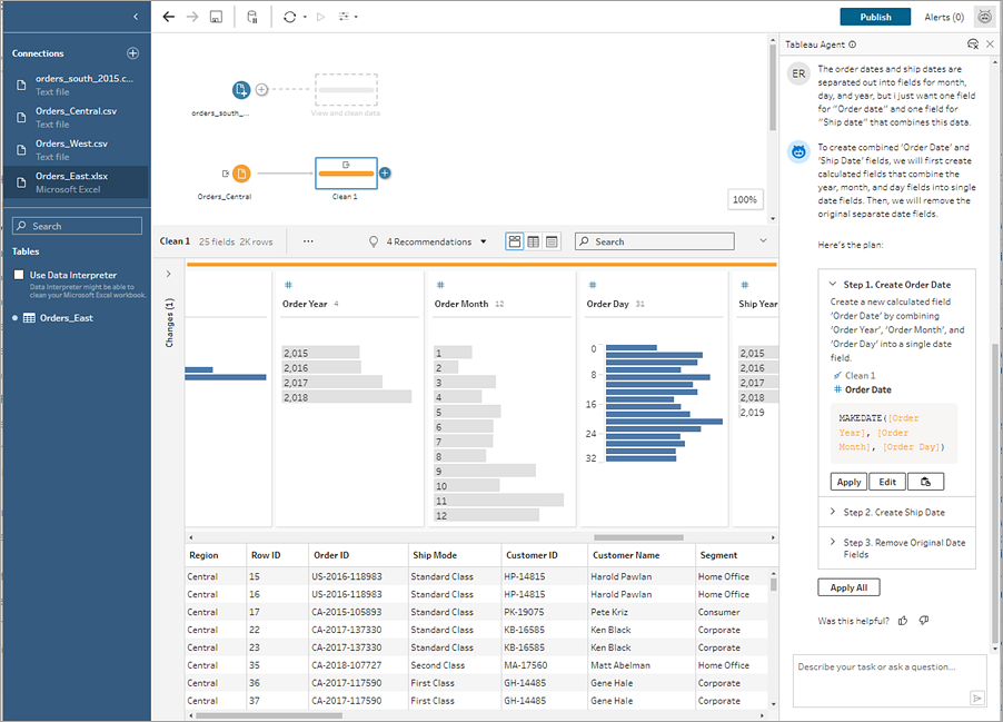 Tableau Agent dans Tableau Prep montrant un plan de nettoyage des données dans un flux.