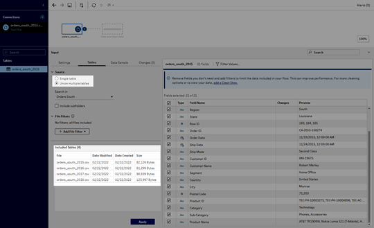 Une interface Tableau Prep affichant les sources de données et les champs disponibles.
