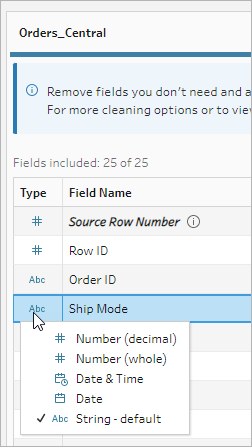 Un type de données sur un champ dans Tableau Prep.